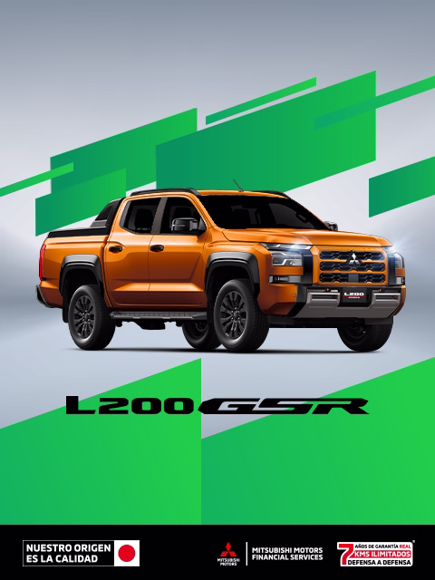 Estrena una Mitsubishi L200 GSR AT 4X4 DSL 2026 con tasa desde 7.9%(1) o Bono Flexible de hasta $58,500.00 M.N. (2) solo con Mitsubishi Motors Financial Services. Estrena una Mitsubishi L200 GSR AT 4X4 DSL 2026 con tasa desde 7.9%(1) o Bono Flexible de hasta $58,500.00 M.N. (2) solo con Mitsubishi Motors Financial Services.